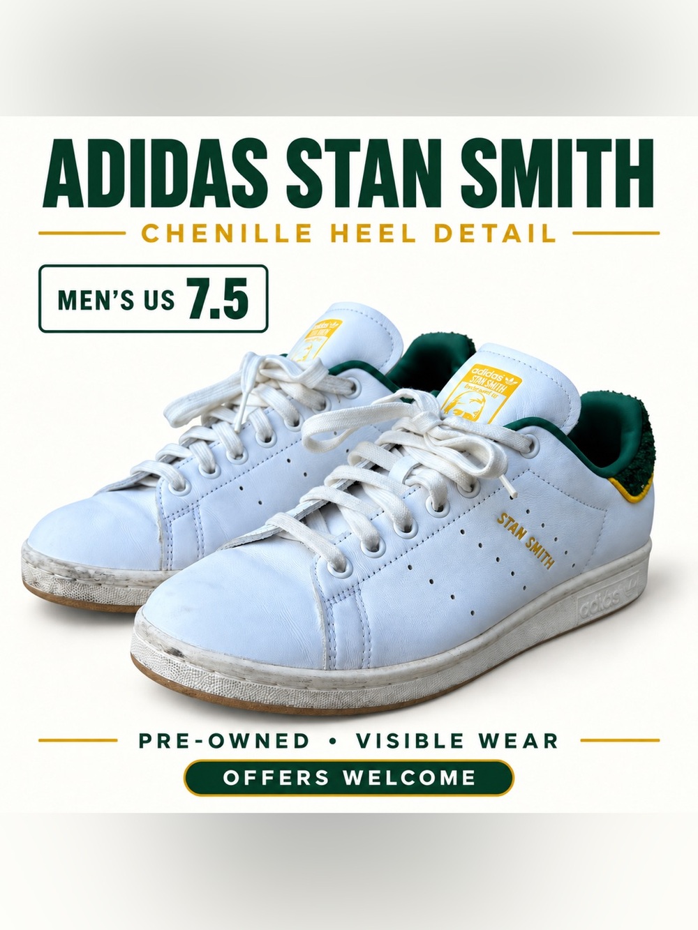 Adidas Stan Smith Chenille Sneakers Men’s 7.5 White Green Yellow FZ6443
